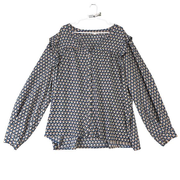 Cotton Bleu Geometric Tunic Top Women's Plus Sz 3X Ruffle Trim Long Puff Sleeve - Picture 1 of 10